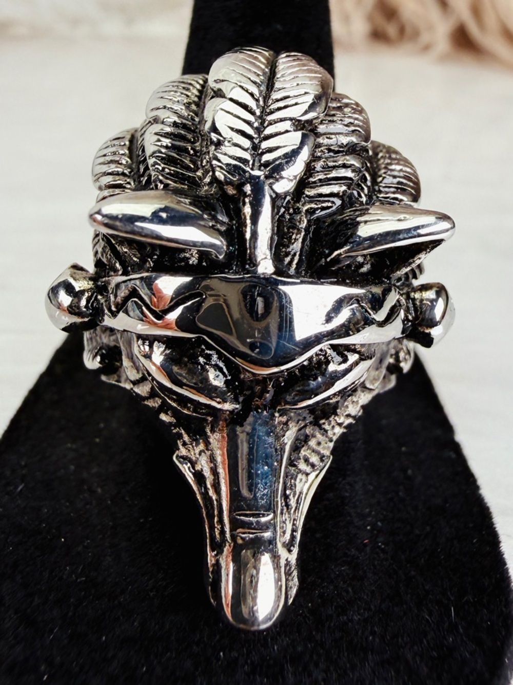 Silvertone Weighted Wolf Head Skull Accent Ring sz 8 1/4